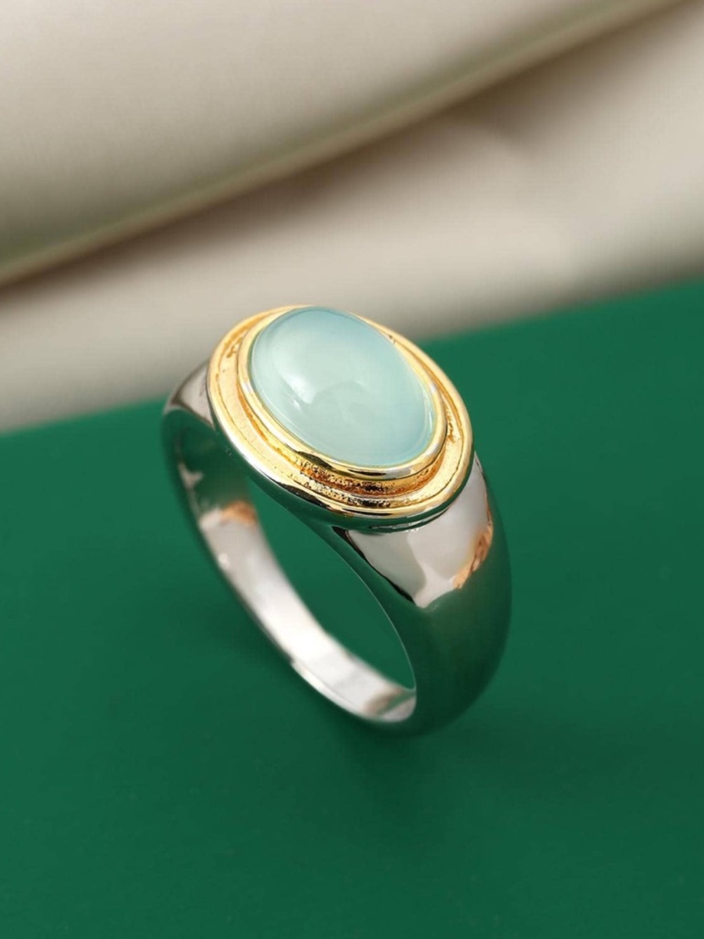Free People Two-Tone Silver Ring with Light Aqua Cabochon R 468